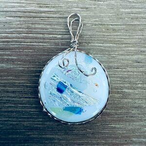 Dichroic Glass White Blue Wire Wrapped Round Necklace Pendant